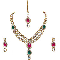 Lucky Jewellery Designer Magenta Green Color Stone Kundan Double Locket Necklace Set With Earring And Tikka For Girls & Women