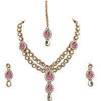 Lucky Jewellery Designer Pink Color Stone Kundan Double Locket Necklace Set With Earring And Tikka For Girls & Women