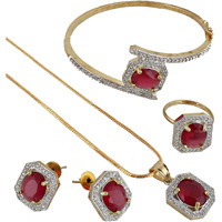 Lucky Jewellery 18K Gold Plated American Diamond (AD) Maroon Color combo Pendant Set with Earring, Bracelet, & Ring For Girls & Women