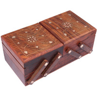 ITOS365 Jewellery Box for Women Wood Brown Brass Inlay on Top Handmade Gift, 8 Inches