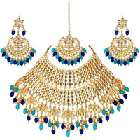 Lucky Jewellery Designer Gold Plating Firoji and Blue Color Pearl with Kundan Choker Bridal Necklace Set For Girls & Women (4200-QSK-564-FB)