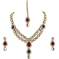 Lucky Jewellery Designer Maroon Green Color Stone Kundan Double Locket Necklace Set With Earring And Tikka For Girls & Women