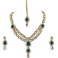 Lucky Jewellery Designer Green Color Stone Kundan Double Locket Necklace Set With Earring And Tikka For Girls & Women