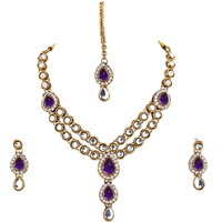 Lucky Jewellery Designer Purple Color Stone Kundan Double Locket Necklace Set With Earring And Tikka For Girls & Women