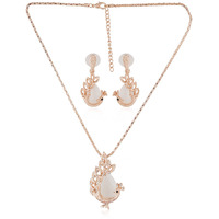 Estele 24kt Rose Gold Plated Textured Peacock Necklace and Matching Earring for Women with Austrian Crystals and Moonstone Cabochons