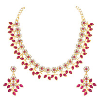 Atasi International Gold Plated Crystal Necklace White and Red stone Leaf Design Jewellery Set with Earrings Suited for Party Wedding Festive for Women Girls