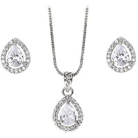 XPNSV Jewelry Luxury Pendant Gift Set for Women, Girls & Her | Pendant with 2 Earrings, Option in 10 Different Color & Design with Gold Silver Princess Cut Round Heart and Oval (Silver, Tear Drop)