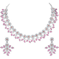 Atasi International Pink Kundan Silver Plated Crystal AD Diamond Jewellery Set with Earrings for Women and Girls Suits Best Party, Wedding/Occasional Wear (RMP5484)