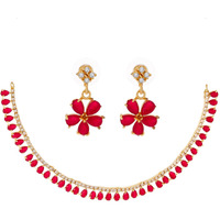 ZENEME Gold Plated American Diamond Necklace with Earrings Jewellery for Women & Girls (Red)