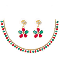 ZENEME Gold Plated American Diamond Necklace with Earrings Jewellery for Women & Girls (Red & Green)