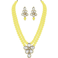 Peora Crystal Faux Pearl Long Necklace with Drop Earrings Traditional Ethnic Jewellery Set for Women & Girls (Yellow)