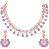 Atasi International Rose Gold Purple Crystal American Diamond Necklace Jewellery Set With Earrings For Womens (Pu5555)