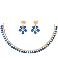 ZENEME Gold Plated American Diamond Necklace with Earrings for Women & Girls (Blue)