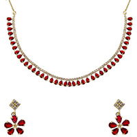 ZENEME Gold Plated American Diamond Necklace with Earrings Jewellery for Women & Girls (Clear Red)