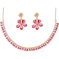 ZENEME Gold Plated American Diamond Necklace with Earrings Jewellery for Women & Girls (Pink)