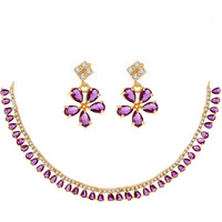 ZENEME Gold Plated American Diamond Necklace with Earrings Jewellery for Women & Girls (Purple)