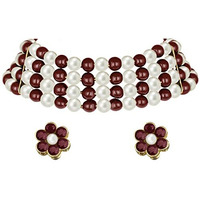 Peora Faux Pearl Beaded Choker Necklace with Stud Earrings Traditional Jewellery Set For Women & Girls (Maroon White)