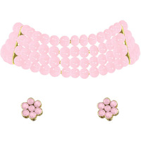 Peora Faux Pearl Beaded Choker Necklace with Stud Earrings Traditional Jewellery Set For Women & Girls (Pink)