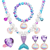 SANNIDHI Set of 5 Mermaid Necklace Bracelet Set for Girls Jewelry Kit Pearl Beads Necklace Bracelet Seashell Earrings Ring Combo Set for Party Costume Jewelry Supplies for Toddler Kids Gift