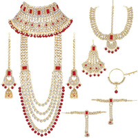 Peora Ethnic Traditional Gold Plated Kundan Dulhan Bridal Jewellery Set with Choker Earrings Maang Tikka Hathphool Set for Women