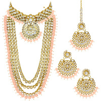 Peora 18K Gold Plated Kundan Faux Bead Bridal Necklace Jewellery Set for Women Girls (Peach)