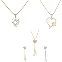 ZENEME Heart Shape Ad and Gold Plated Big Size Pendant Necklace Set for Women & Girls Set of 3 (Design 5)