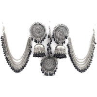 Shining Diva Fashion Latest Oxidised Silver Antique Design Stylish Traditional Maang Tikka Jhumka Earrings Jewellery Set for Girls (Black) (12002s)