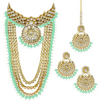 Peora 18K Gold Plated Kundan Faux Bead Bridal Necklace Jewellery Set for Women Girls (Mint)