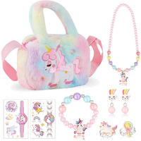 SANNIDHI Unicorn Crossbody Bag with Jewelry Set for Girls, Princess Plush Handbag Purse Beads Necklace Bracelet Earrings Rings and Stickers Set