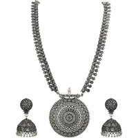 Sasitrends German Oxidized Long Necklace Earring Set for Girls and Women (Silver)