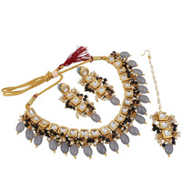 LUCKY JEWELLERY Back Meenakari 18k Gold Plated Grey Color Square Shape Tika Earring Combo Jewellery Set Uncut Kundan Big Faux Kundan Dibbi Kundan Choker Necklace Set for Girls & Women