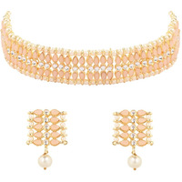 I Jewels Gold Plated Traditional Kundan Pearl Choker Necklace Jewellery Set For Women And Girls (K7209) (Peach)