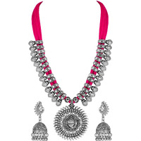 Shining Diva Fashion Latest Oxidised Silver Antique Design Necklace Set Jewellery Set for Women (Pink) (11244s)