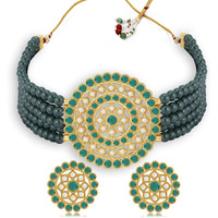 Sukkhi Gleaming Gold Plated Dark Green & White Pearl Choker Necklace Set for Women (SKR70446), free size