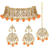 Peora Ethnic Indian Traditional Jewellery Kundan Choker Necklace Earring Maang Tikka Set for Women Girls (Orange)