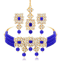 Peora Blue Gold Plated Brass Indian Traditional Kundan Faux Pearl Choker Necklace with Earrings Jewellery Set for Women Girls