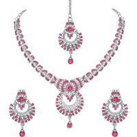 Atasi International Rhodium SilverPlated Alloy Necklace Jewellery Set with Earrings and Maang Tikka (White & Pink)