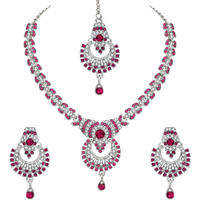 Atasi International Women Silver Plated Pink Crystals Ad Diamond Necklace Set With Earrings And Maang Tikka, Suitable For Bridal, Wedding, Party (Rgr1932)