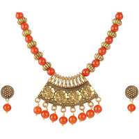 JFL - Jewellery for Less Contemporary Oxidised German Gold Plated Floral Pendant Beaded Tribal Necklace Set for Women and Girls(Orange),Valentine