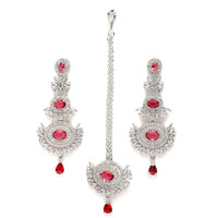 ZENEME Rose Gold Plated American Diamond Studded Maang Tikka & Earrings Jewellery Set For Woment and Girl (Rhodium-Plated Red)