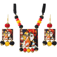 JFL - Jewellery for Less Traditional Radha & Krishna Painting Pendant Cotton Beaded Adjustable Thread Handcraft Necklace Set for Women and Girls,Valentine