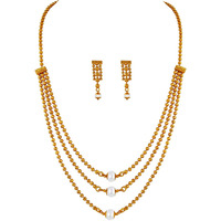 JFL - Jewellery for Less Traditional Ethnic One Gram 3 Layer Gold Plated Beaded Chain with White Pearl Long Necklace Set with Earring for Women and Girls(Pearl),Valentine