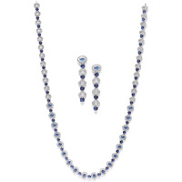 ZENEME Rhodium-Plated Silver Toned Oval American Diamond Long Necklace Earrings Jewellery Set for Girls and Women (Blue)