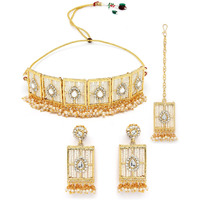 Sukkhi Beautiful Squared Shaped White Beads With Gold Plated Choker Necklace Set With Earring And Maangtika | Jewellery Set For Women (NS105496)