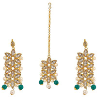 ZENEME Maang Tikka With Earrings Set Flower Shaped Gold Plated Jewellery For Women and Girls (White Green)