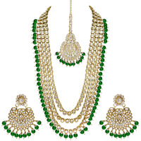 Peora Gold Plated Brass and Kundan Long Necklace Set With Maang Tikka & Earrings for Women & Girls