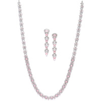 ZENEME Rhodium-Plated Silver Toned Oval American Diamond Long Necklace Earrings Jewellery Set for Girls and Women (Pink)