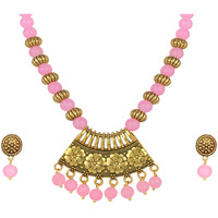 JFL - Jewellery for Less Gold Plated Antique Semi-Circle Pendant Beaded Tribal Necklace Set for Women and Girls (Light Baby Pink)