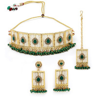 Sukkhi Beautiful Squared Shaped Green Beads With Gold Plated Choker Necklace Set With Earring And Maangtika | Jewellery Set For Women (NS105497)