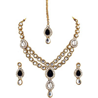 Lucky Jewellery Black Gold Plated Kundan Jewellery Set for Women (MSK-2-LINE-BLACK)